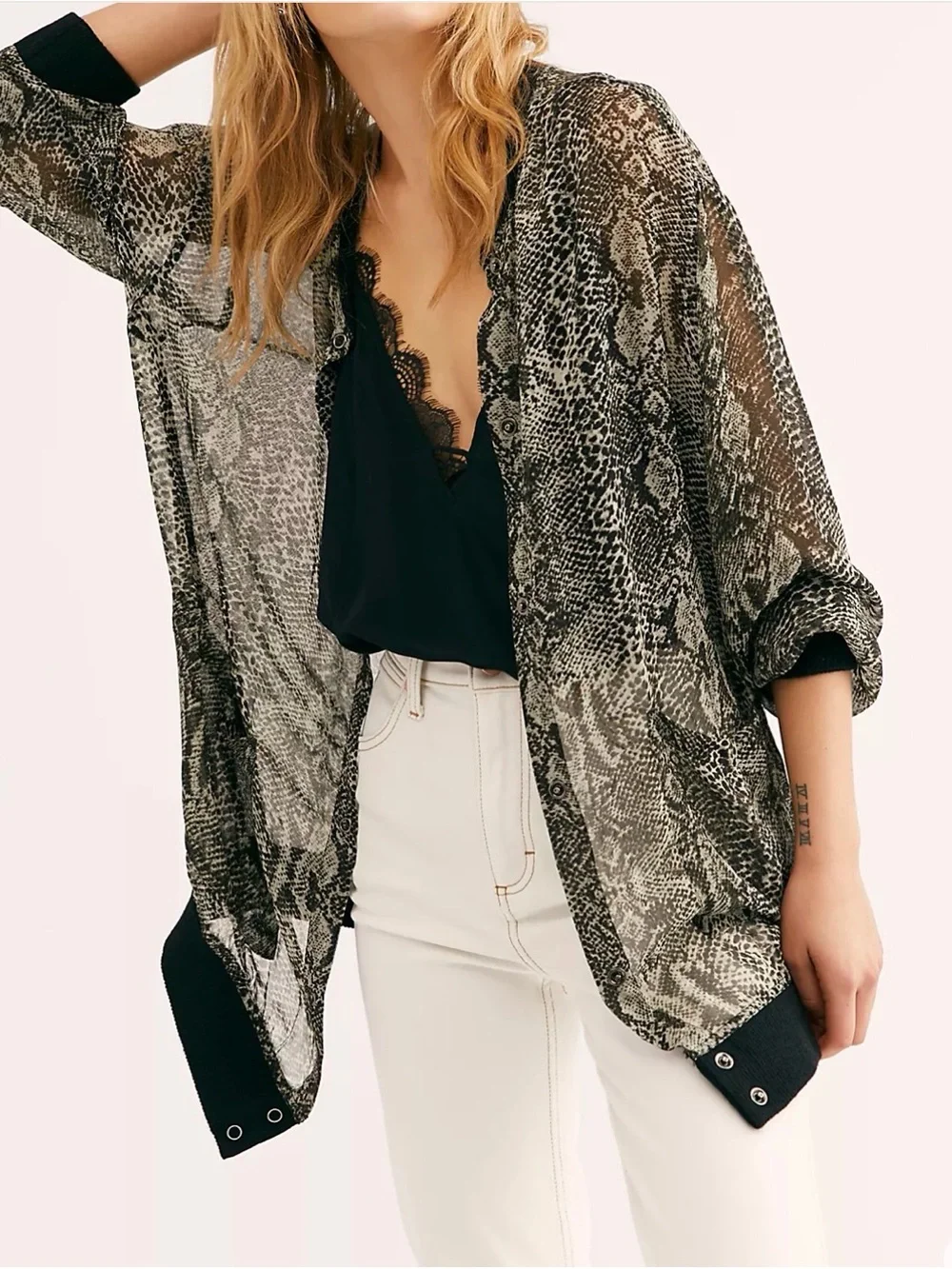 Free People Black and Green Sheer Snakeskin Lori Bomber Jacket with‎ Knit Trim